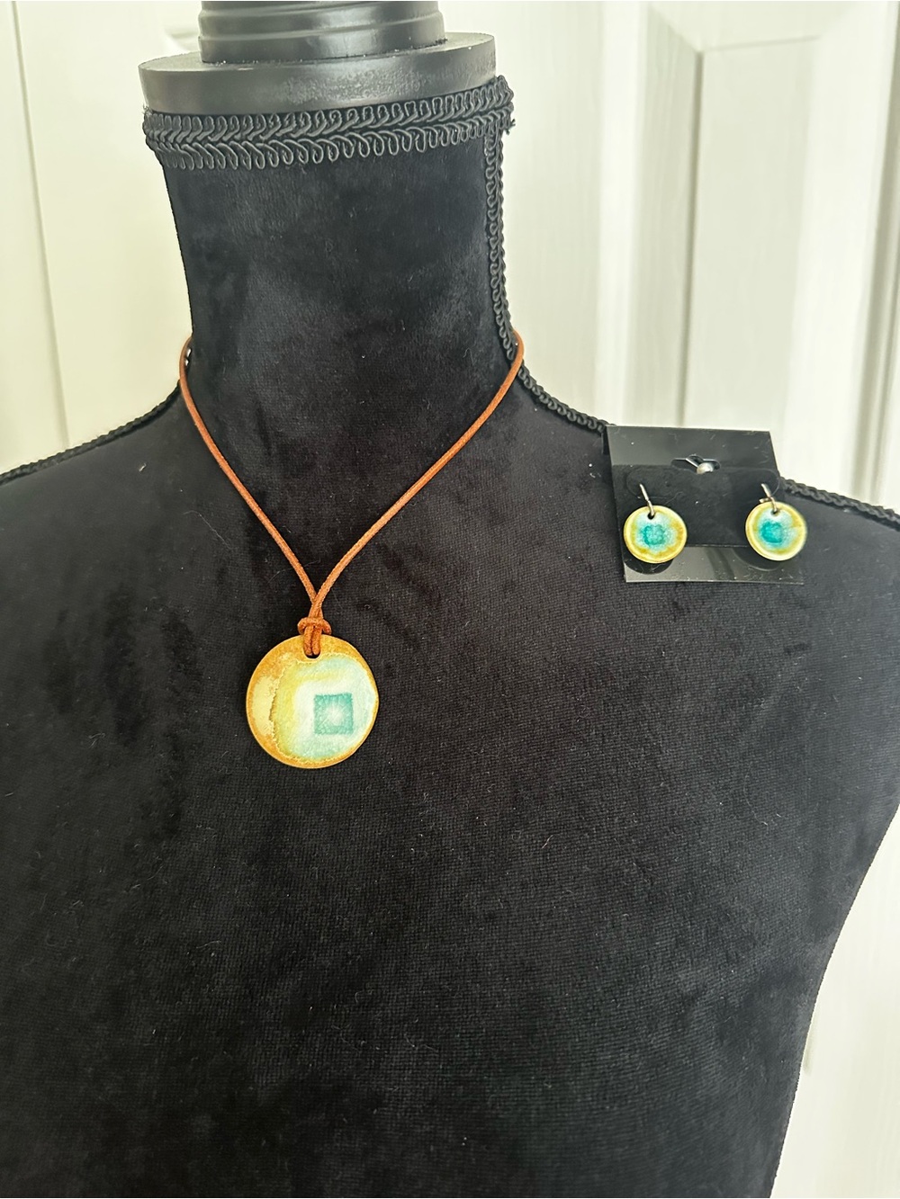 Artisan Glazed Ceramic Pottery Pendant Necklace & Earrings Set